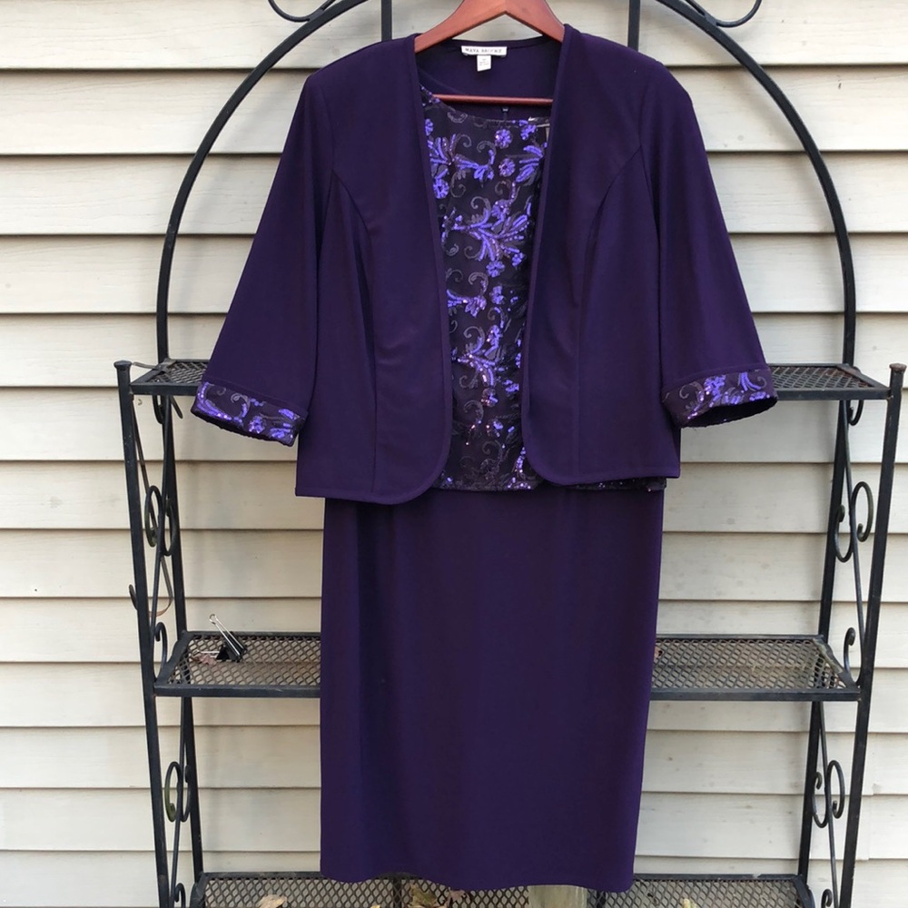 Maya Brooke 10 Purple Floral sequin Midi Dress and jacket